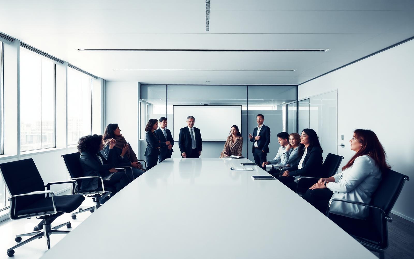 Equipe reunida em sala de reunião corporativa